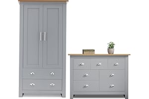 Blisswood 2 Piece Bedroom Furniture Set, 2 Door Wardrobe & 4+3 Drawer Chest of Drawer Bedside Table Cabinet Bedroom Set for Bedroom Storage furniture (Grey & Oak)
