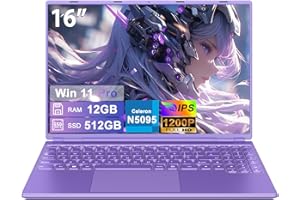 HUQPPQ 16 Inch Gaming Laptop 12GB RAM 512GB SSD Celeron N5095 Processor, FHD 1920×1200 IPS Display, Laptops with Win11 Pro,WiFi 6, USB 3.0, Type C, Mini-HDMI, Portable Purple Laptop for Work & School