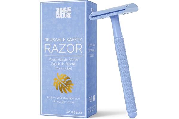 Jungle Culture® Rasoir de Sûreté Femme • Rasoir de Sécurité en Métal Compatible Toutes Lames Doubles • Rasage Manuel avec eBook de Rasage • Cadeau de Beauté Zéro Déchet • Bleu Azur
