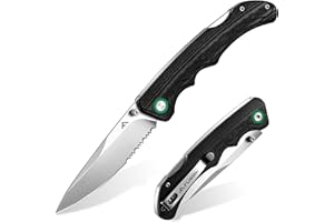 FLISSA Navaja Plegable con Mango de G10, Hoja de Acero Inoxidable 14C28N, Cuchillo Exterior con Clip de Bolsillo, Hoja de Dentado Parcial, para Camping, Senderismo, Viaje, Longitud Plegada: 11,6cm