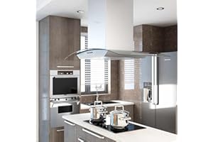 Gecheer Insel-Dunstabzugshaube, 90 cm Edelstahl Dunstabzugshaube mit 756 m³/h Luftleistung, LED-Beleuchtung, 3 Geschwindigkeitsstufen für offene Küche mit Kochinsel