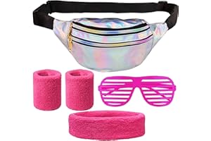 DCAS 80er Jahre Kostüm Bauchtasche Zubehör, Bauchtasche Mode Wasserdicht Gürteltasche Fächer, Mit Blass Rosenrot Armbänder und Stirnband, Geeignet für Kostüm-Rave-Partys Der 80er und 90er Jahre