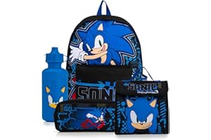 Sonic The Hedgehog Backpack 4 Piece School Set with Lunch Bag, Pencil Case & Water Bottle | Boys Rucksack with Padded Adjustable Straps – Back to School Supplies