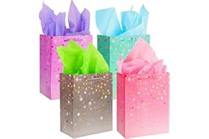 YOOSSO 4 Gift Bags (9x 7x 4 inch) with Tissue Paper Birthday Gift Bag Set with Handle for Present for Women Men Kids Parties, Wedding, Baby Shower Xmas