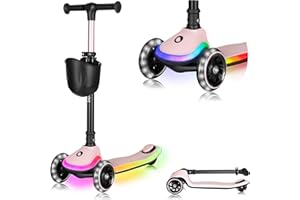 LIONELO Monopattino Bambino a 3 Ruote MEY per bambini da 3 anni fino a 50kg, Monopattino per Bambini con Illuminata e Ruote a LED, Altezza Regolabile, Pedana Antiscivolo, laggero, Cestino