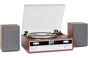 auna Birmingham chaîne Hi-FI stéréo :Tuner Radio Internet/Dab+/FM, 2 Haut-parleurs de 50W, Fonction Bluetooth, Platine, entraînement par Courroie 33 et 45 TR/Min, Lecteur CD, Port USB,Bois