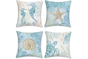 Bonhause Federe per Cuscini Spiaggia Oceano 45 x 45 cm Copricuscini Cavalluccio Marino Tartaruga Stella Marina Costiera Velluto Morbido Federa per Cuscino Divano Casa Decorazione Set di 4