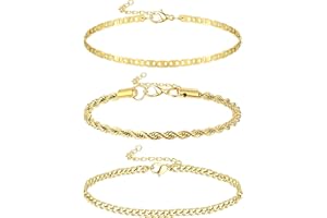 KRFY Tobilleras Oro para Mujer Tobillera de Acero Inoxidable Tenis Espiga Eslabón Cadena de Eslabones Juego de Tobilleras Joyería Ajustable para Pies de Playa Boho 3 Piezas