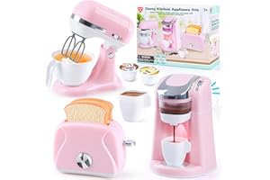 PLAY Accessoire Cuisine Enfant avec Cafetière, Mixer, Grille-Pain avec Llumière et Son Réalistes, Set de Ustensile Cuisine Cadeau pour Enfant 3+ Ans (Rose)