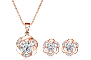 Josfeva Jewellery Sets for Women Girls, 2 PCS 925 Sterling Silver Pendant Necklace & Stud Earrings Set with White Zirconia, Hypoallergenic Flower Jewellery Set Gifts for Birthday Christmas Valentines