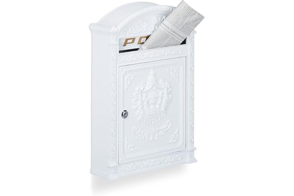 Relaxdays Boîte aux lettres murale vintage nostalgique style ancien en fonte aluminium HxlxP 44,5 x 31 x 9,5 cm toît rond, blanc