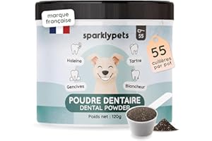 SparklyPets - Poudre Dentaire pour Chien - Nettoyant Anti-Tartre et Plaque, Blancheur Dentaire, Mauvaise Haleine, Gencives - Eucalyptus, Prébiotiques - Marque Française - 120g (55 Cuillères)