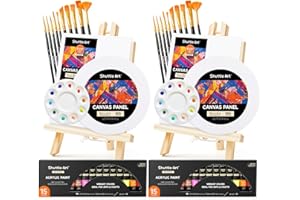 Shuttle Art 58 Pack Acrylic Paints Set, Painting Set with 2 Pack of 15 Colours Acrylic Paint, 2 Sets of Wooden Easels, Canvas, Brushes & Palettes, Canvas and Paint Set for Adults Kids Beginner