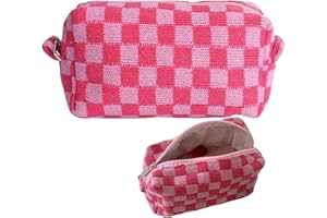 ZOUWEL Karierte Kosmetiktasche Damen Karierte Make Up Tasche Kleine Make up Tasche Tragbare Reise Kosmetiktasche Make up Pinsel Aufbewahrungstasche mit Reißverschluss für Frauen Mädchen (Rosa)
