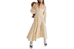 Acrawnni Women's Flower Embroidered Maxi Dress Long Puff Sleeve Square Neck Smocked Tiered Bohemian Flowy Dress Beach Long Dress