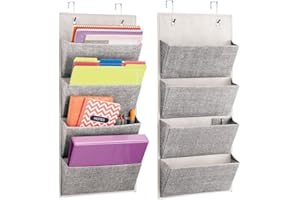 mDesign Juego de 2 organizadores colgantes con textura – Panel clasificador de fibra sintética transpirable con cuatro bolsillos – Estantería de tela para colgar de la puerta o en la pared – negro