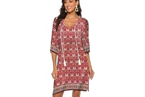 BDTECAOR Damen Vintage Ethnostil Blumenmuster Bohemian Tunika Kleid V-Ausschnitt 3/4 Arm Strandkleider Sommerkleider