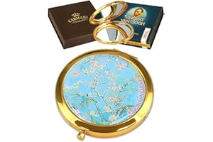 CARMANI - Bolsillo de bronce chapado en oro, compacto, de viaje, espejo decorado con pintura de Van Gogh 'Almond Blossom'