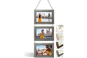 NEOWS Portafotos Múltiple Decorativo para Colgar en Pared - Marcos de Fotos Multiples de Madera Con Cuerda - Collage Portarretratos Colgante - Fotos 10x15 cm (Gris Roble, 3 Fotos Horizontal)