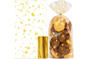 COLOFALLA 100pcs Bolsa Celofán Navidad 16x9,5cm Estrellas Dorados Bolsita Navideño Plástico Transparente para Chuches Galletas Regalo Infantiles