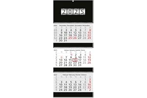 GEIGER-OFFICE Calendario de pared de 3 meses 2025, color negro, 33,5 x 81 cm, siempre cuelga lisa y recta gracias a la encuadernación Wire-O, panel posterior negro, número de año en relieve plateado, ojal metálico