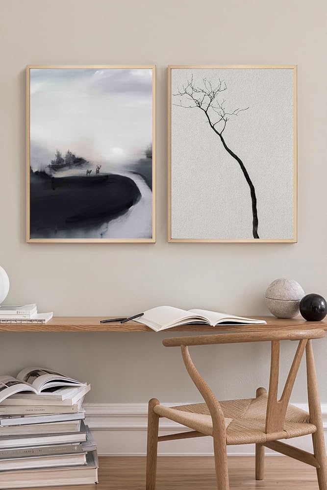 Duvar Tablosu Dekoratif Ahşap Çerçeveli Wabi-Sabi Stil Botanik Yaprak Figürlü - Modern Salon Tablosu 2'li Kombin Set