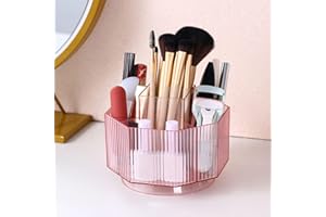 LINFIDITE 360°Rotating Makeup Brush Holder Cosmetic Display Case Clear Makeup Lip Gloss Organizer Case with 5 Slots Round Turntable Storage Tray for Vanity, Bathroom, Counter Organizer Pink