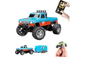 VICUULY Mini Rc Monster Truck, Voiture Télécommandée Monster Truck à L'échelle 1:64 avec Lumières, Télécommande 2,4 Ghz, Mini Alliage Monster Truck Rc, Vitesse/Direction Réglable (Orange Blue)