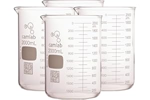 Camlab Graduated 3,3 Borosilicate Glass Low Form Beaker, With Spout, Griffin Beaker, Chemically Resistant and Heat Resistant, 2000ml Glass Beaker, Pack of 4