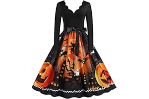 BTBDYDH Robe d'halloween ImpriméE Halloween Party Woman Robe à Manches Longues Cocktail Swing Pumpkin Bat Witch Print Cosplay Robe Hepburn Costumes d'halloween Robe Citrouille Robe