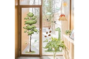 WandSticker4U®- Adesivi finestra DINOSAURI (80x70 cm) I Adesivi per vetri finestre dinosauri con albero, vulcano & sole I Decorazioni vetrofanie per finestre bambino animali primavera riutilizzabile