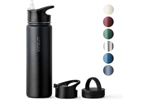 Vinsun Butelka do picia ze stali nierdzewnej 750 ml, 3 pokrywki, szczelna, do napojów gazowanych, nie zawiera BPA, butelka termosowa do uprawiania sportu, na zewnątrz, do szkoły, na rower, do biura