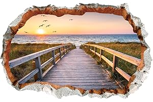 WandSticker4U®- adesivi murali VISTA MARE 3D (90x60 cm) I murales adesivi parete sole spiaggia tramonto percorso sfondamento del muro I Decorazione soggiorno camera letto cameretta bambini