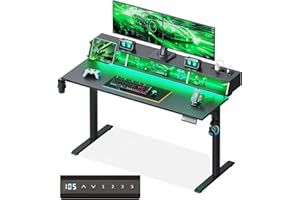 ‎OFFIGO OffiGo Höhenverstellbarer Schreibtisch, 140cm Gaming Tisch mit RGB LED & Steckdosen, elektrischer Schreibtisch mit 3 offene Stauräume, Getränke & Kopfhörerhalter, Kohlefaseroberfläche Schwarz