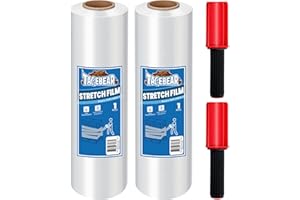 TAPEBEAR Shrink Wrap with Handles, Clear Pallet Wrap 380mm x 230m, Stretch Wrapping Film Industrial Strength Plastic Wrap Water & Moisture Proof for Moving House, Furniture, Carpet Protection, 2Rolls