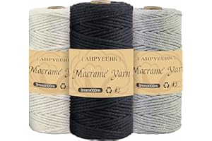 AHPYEUHK Corde à Macramé 3mm en Coton, 3 Rouleaux de 300m, Noir + Beige + Gris Clair, pour Crocheter, Bricolage, Décoration, DIY Suspension Murale, Suspension Plantes