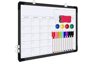 FINEW Tableau blanc magnétique 40 x 30 cm, petit tableau blanc à suspendre double face avec cadre en aluminium, 10 marqueurs pour tableau blanc, 1 éponge pour tableau blanc, 4 aimants, fournitures