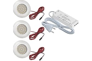 JungesLicht 3er Set LED Möbel Einbaustrahler Tim – Ultra Flach (10mm), 2Watt 12V 200Lumen, Warmweiß 3000K – Inkl. Trafo & Anschlusskabel – Einfache Steck-Montage passend für 55-60mm Bohrungen
