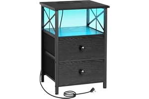 AMHANCIBLE Bedside Table, Side Table with Charging Station and Led Lights, Bedside Cabinet with 2 Fabric Storage Drawers, End Table, Sofa Side Table, Nightstand for Living Room, Black HET052LBK-1