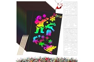 TOPJOWGA Regenbogen Kratzbilder, 50 Blätter Kratzpapier Weihnachten, 5 Holzstifte, 4 Weihnachten Kunstschablonen, Kratzbilder Set für Kinder, Weihnachten Geburtstag Party DIY Mitgebsel zum Basteln