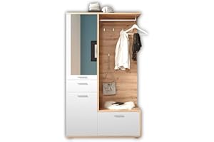 STELLA TRADING ENTRA Flurgarderoben Set in Artisan Eiche Optik, Weiß - Stylishe Kompaktgarderobe mit Spiegel für Ihren Eingangsbereich - 117 x 198 x 38 cm (B/H/T)