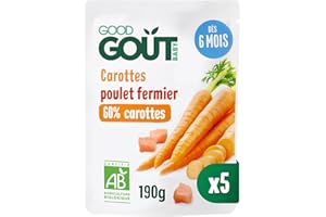 GOOD GOÛT - Carottes Et Poulet Fermier - Plat Cuisiné Pour Bébé - Dès 6 Mois - Purée Lisse - Fabriqué En France - Sachets Micro-Ondables - 5x190g