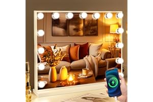 FENCHILIN Hollywood Mirror Vanity Mirror with Lights USB Port 15 Dimmable Lightbulbs 3 Lighting Modes for Dressing Table Vanity Mirror Makeup Mirror 10x Magnifying Glass Touchscreen 58x46cm