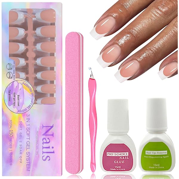 Honey Joy Französische Gelnägel Set – 150 Stück Inkl. X-Coat-Gelspitzen, Basislack & Grundierung – 15 Größen Für DIY-Nagelverlängerung