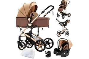Doraystar Carro Bebe 3 Piezas, Carrito Bebe 3 en 1 con Dos Modos de Empuje Reversibles, Cochecito Bebe 3 Piezas con Capazo Grande Cómodo, Carricoche Bebe 3 Piezas Alto Paisaje (588 Khaki)