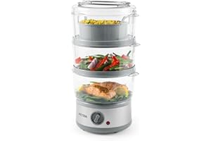 ‎PETRA Petra PT2726ZV2HEVDE 3-stufig Elektro-Dampfgarer - 7,5L Multikocher, Abnehmbare BPA-freie Körbe und Reisschüssel inklusive, kompaktes Design, 60-Minuten-Timer, 500W, Fleisch- und Gemüsedämpfer, Silber