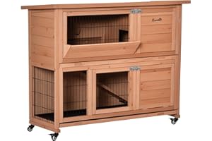 PawHut Conigliera in Legno a 2 Livelli con Ruote, Casetta per Conigli e Porcellini d'India con Vassoio Estraibile e Rampa, Arancione,122x50x101cm