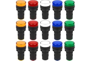 TICEED 15Pcs 22 mm Luz Indicadora LED Indicador Luz Piloto AC 220-230V, 20mA Lámpara de Señal Indicadora de 5 Colores(Blanco Amarillo Rojo Azul Verde)
