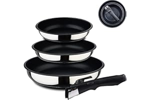 BERGNER| Juego de Sartenes de 4 Piezas, Acero Inoxidable y Antiadherente, Incluye 3 Sartenes de 18, 20 y 24 cm, Con 1 Mango Ergonómico Extraíble, Para Todo Tipo de Cocinas y Horno