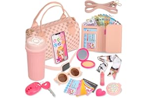 CIOXSOIO Accessoires de Sac à Main Petite Fille, 14 pièces Faux Maquillage pour Enfants Con Euros Billets, Téléphone Portable, Portefeuille, Gobelet, Jouets à Habiller - Cadeau d'anniversaire